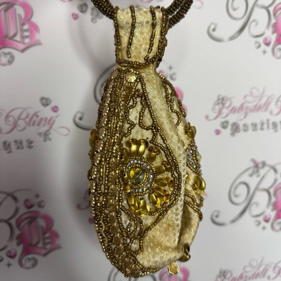 Bag Folded Handmade India-Gold Sequin Beads/Rhinestones/Wristlet/Purse/Bag round - Picture 7 of 12